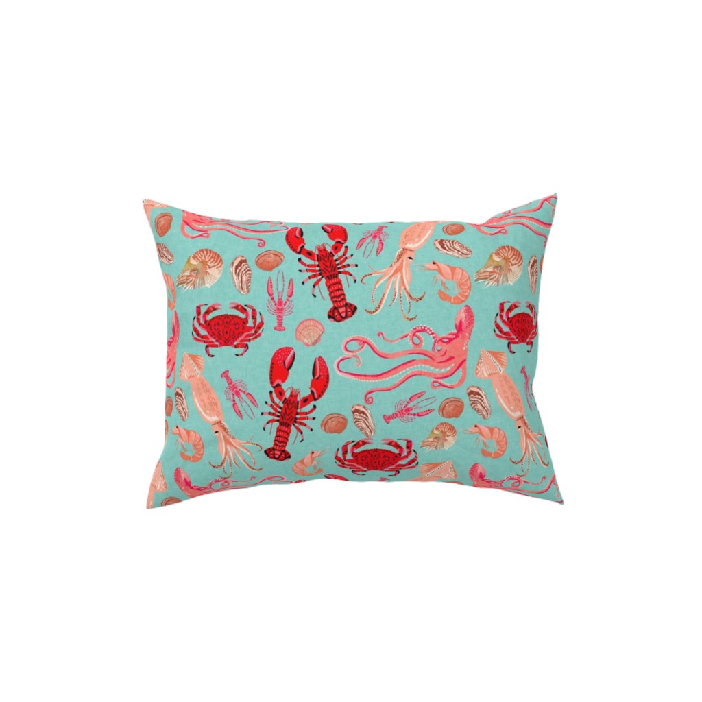Ocean Creatures - Red on Green Pillow, Woven, Beige, 12x16, Single Sided, Red
