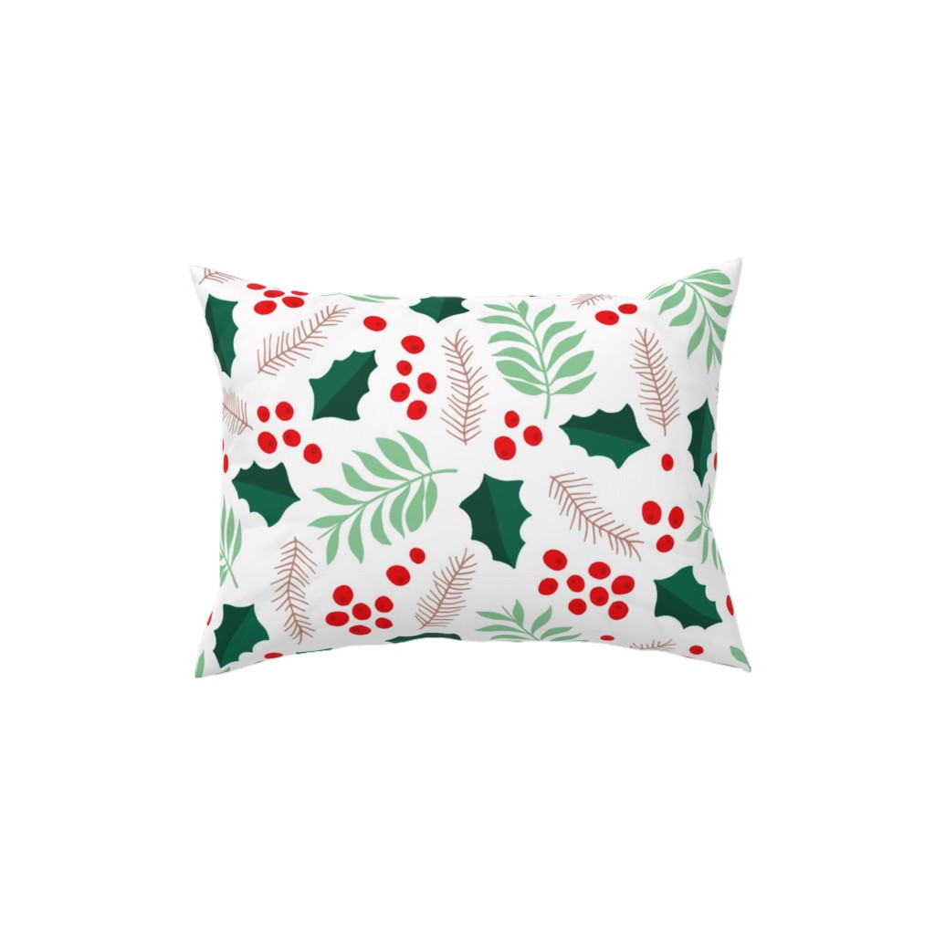 Botanical Christmas Garden Pine Leaves Holly Branch Berries - Green and Red Pillow, Woven, Beige, 12x16, Single Sided, Green