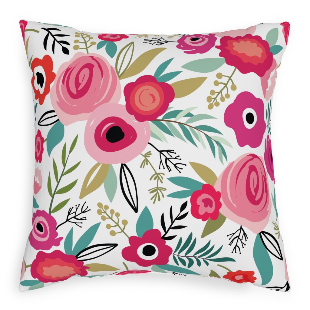 Maypole Floral - Pink Pillow, Woven, Black, 20x20, Single Sided, Pink