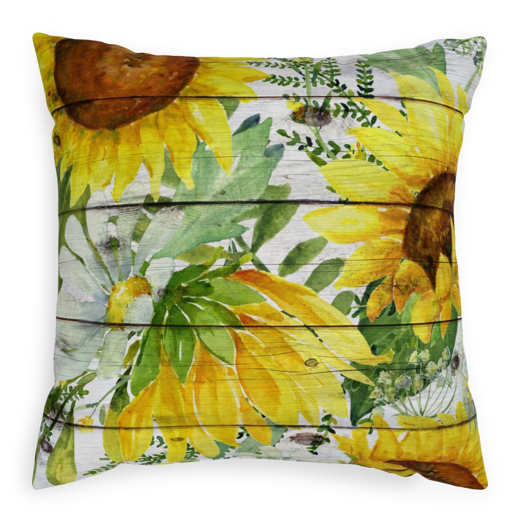 Watercolor Sunflowers and Daisies - Multi Pillow, Woven, Black, 20x20, Single Sided, Multicolor