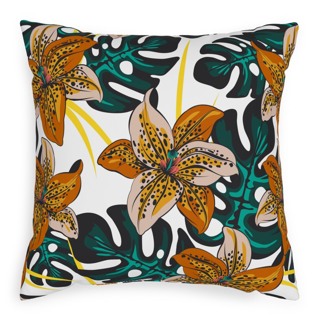 Tropical Lily on White Pillow, Woven, Black, 20x20, Single Sided, Multicolor
