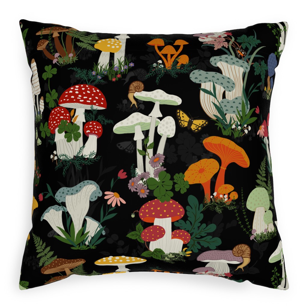 Mushroom Garden - Multi-Color Pillow, Woven, Black, 20x20, Single Sided, Multicolor
