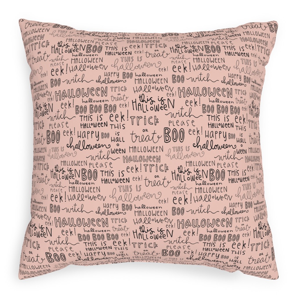 Halloween Words - Black Pillow, Woven, Black, 20x20, Single Sided, Pink, Bright Pink