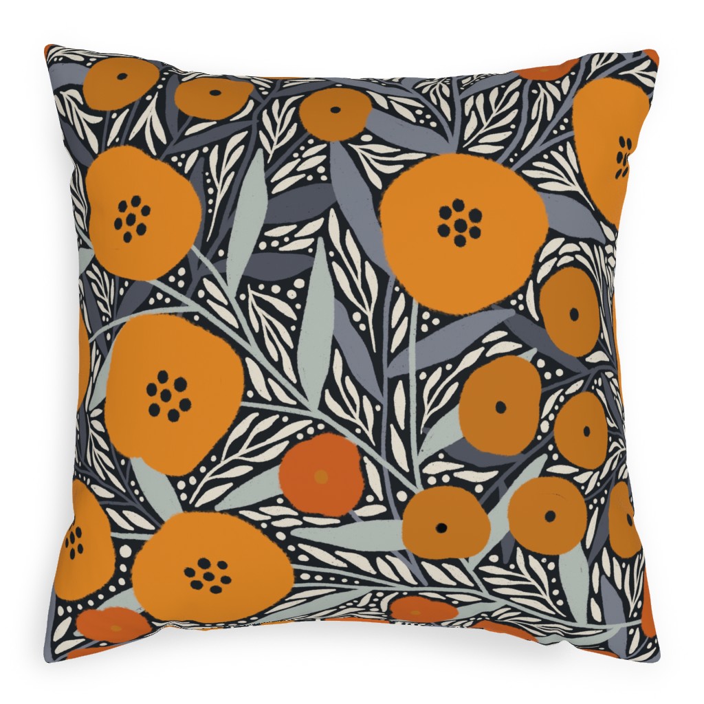 Eloise Floral - Orange Pillow, Woven, Black, 20x20, Single Sided, Orange