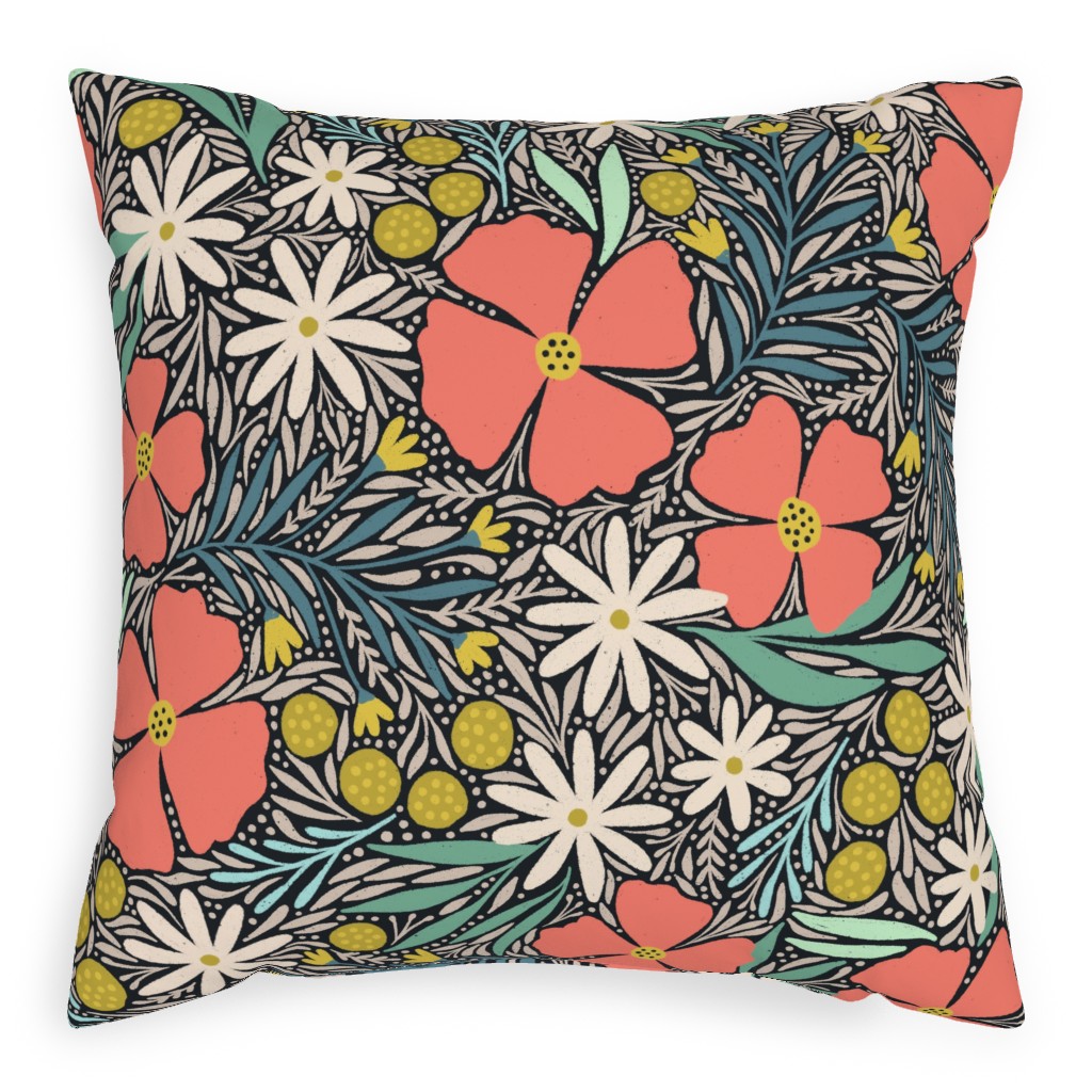 Hilda Floral - Coral Pillow, Woven, Black, 20x20, Single Sided, Multicolor