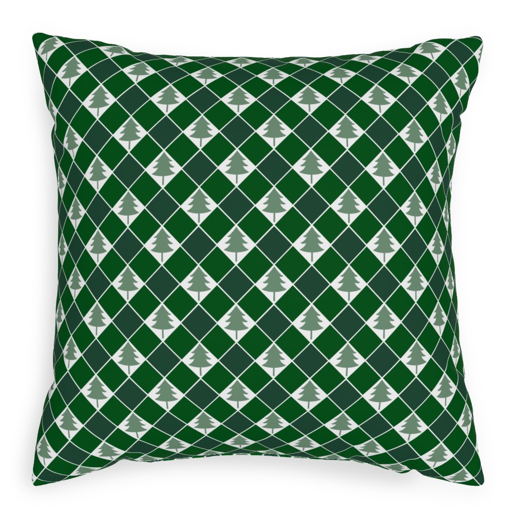 Christmas Tree Checkers - Green Pillow, Woven, Black, 20x20, Single Sided, Green