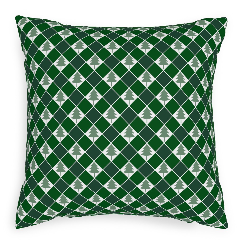 Christmas Tree Checkers - Green Pillow, Woven, Black, 20x20, Single Sided, Green, Classic Green