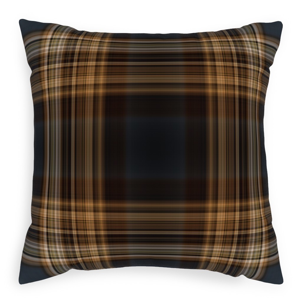 Fine Line Plaid - Dark Blue and Brown Pillow, Woven, Black, 20x20, Single Sided, Brown