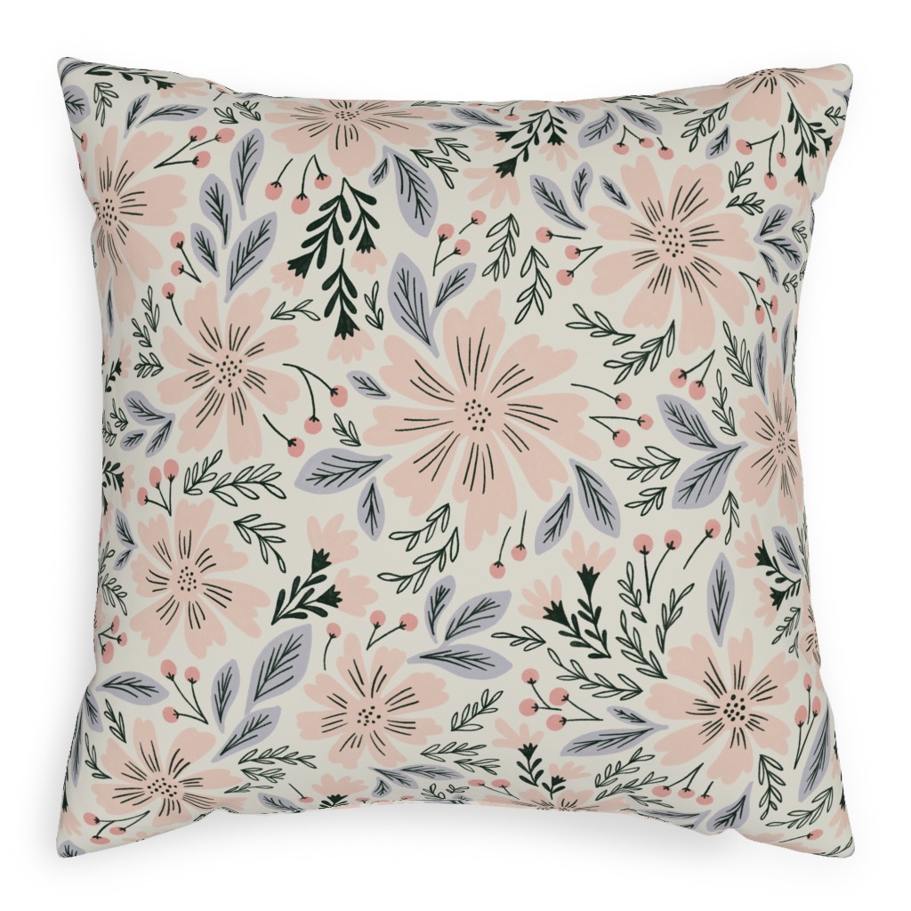 Flora - Pink Pillow, Woven, Black, 20x20, Single Sided, Pink