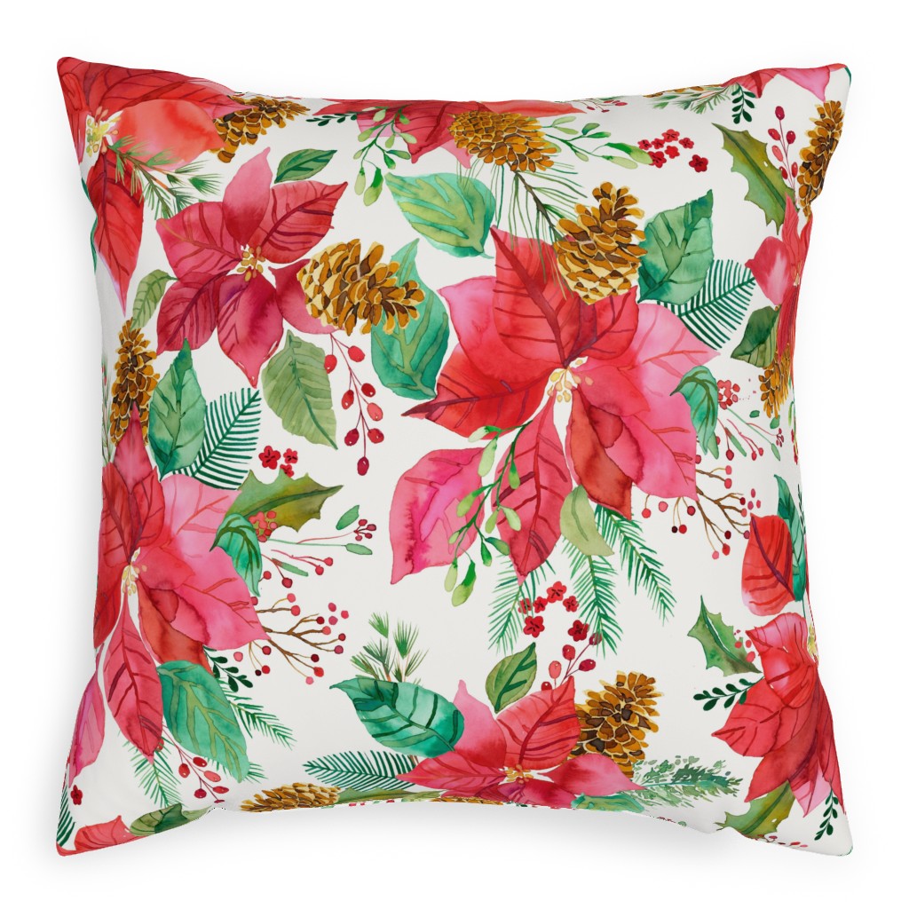 Poinsettias Christmas Flower Bouquets - Red Pillow, Woven, Black, 20x20, Single Sided, Red