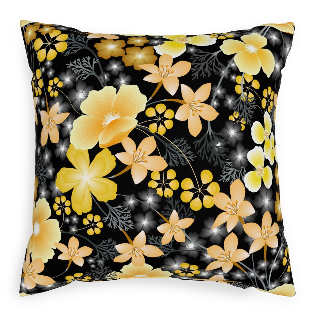 Thicket Floral - Yellow Pillow, Woven, Black, 20x20, Single Sided, Yellow