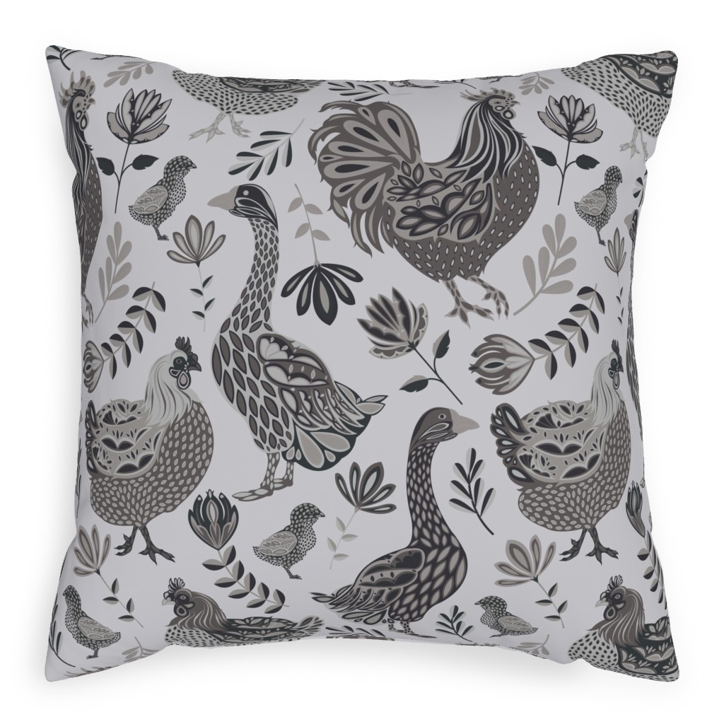 French Farm Birds - Greyscale Pillow, Woven, Black, 20x20, Single Sided, Gray