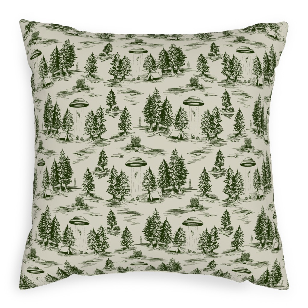 Alien Abduction Toile De Jouy - Forest Green & Cream Pillow, Woven, Black, 20x20, Single Sided, Green, Classic Green