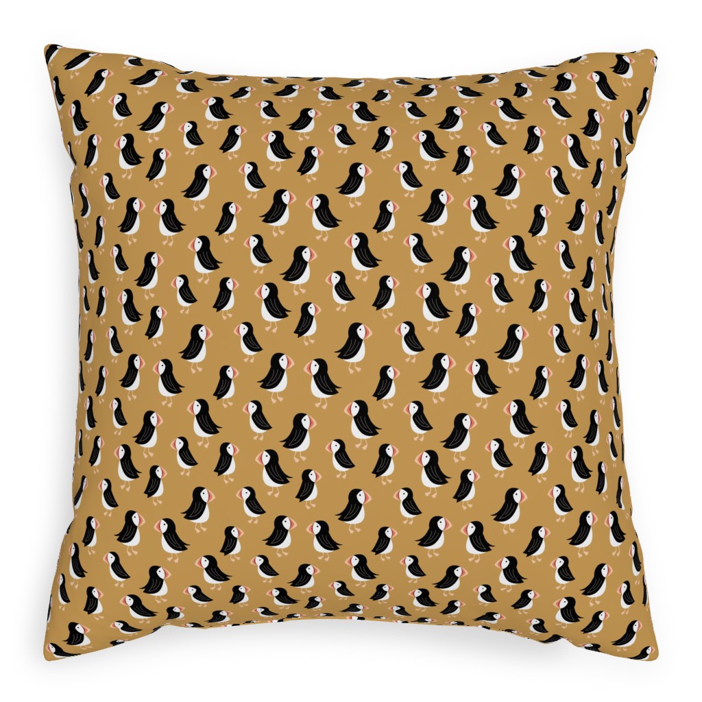 Little Puffin Friends Pillow, Woven, Black, 20x20, Single Sided, Yellow, Gilded