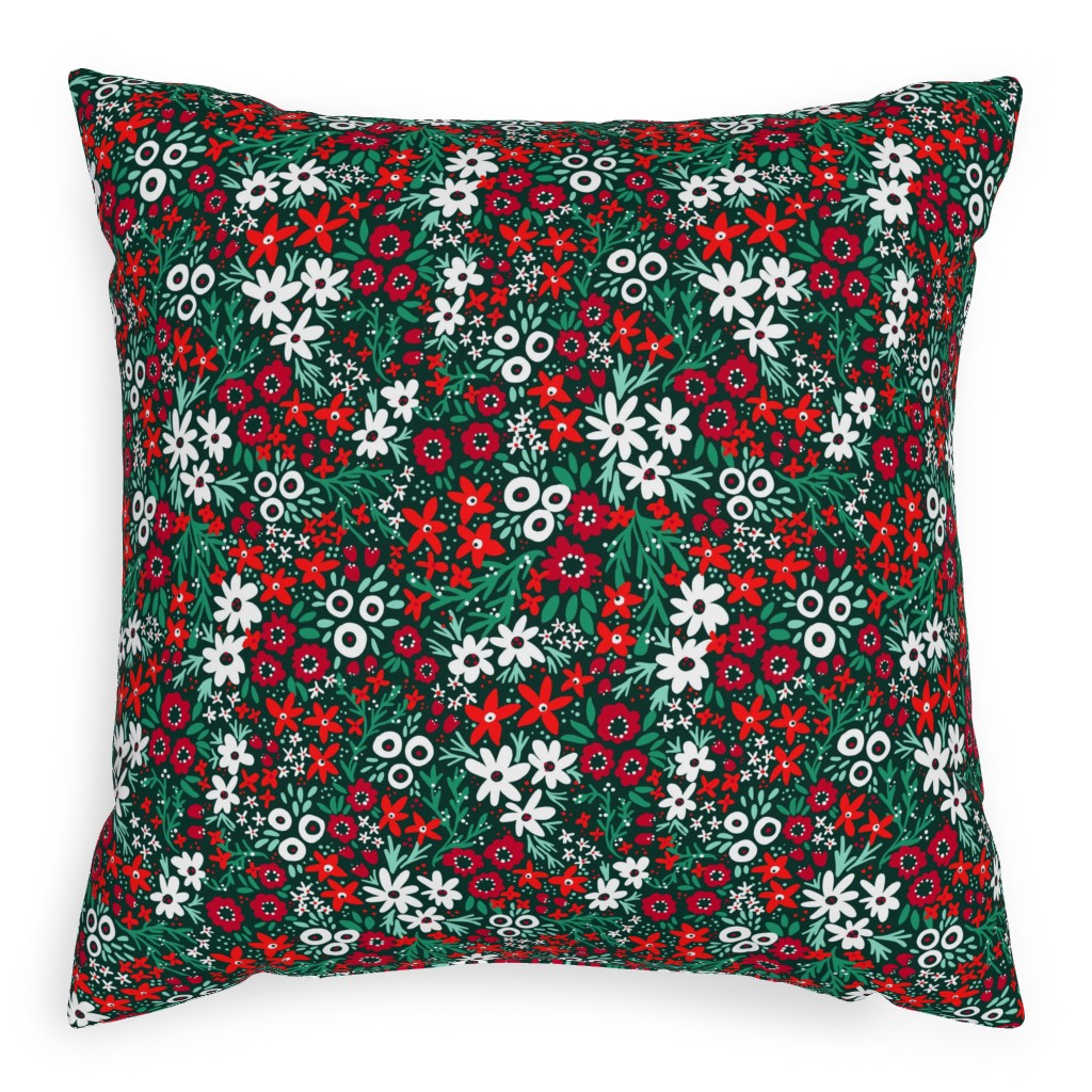 Rustic Floral - Holiday Red and Green Pillow, Woven, Black, 20x20, Single Sided, Green, Classic Green
