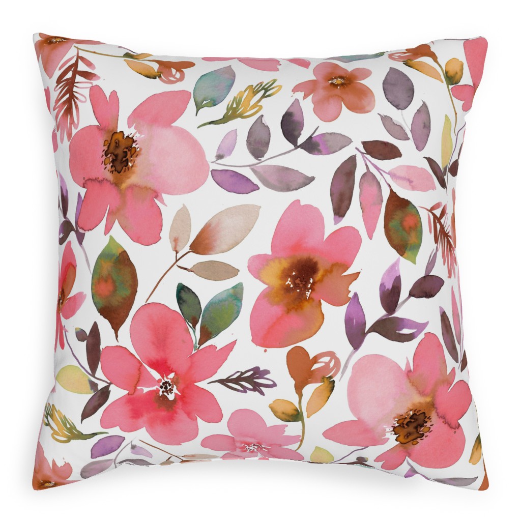 Summery Watercolor Flowers - Coral Pink Pillow, Woven, Black, 20x20, Single Sided, Pink