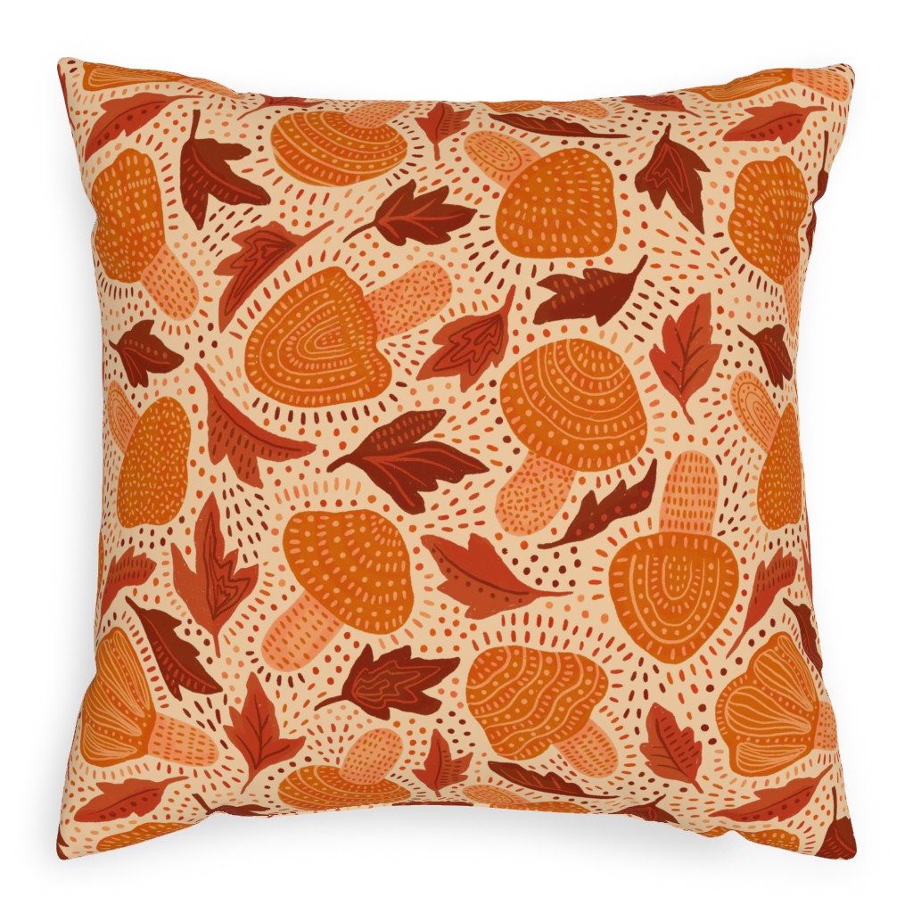 Autumn Mushrooms and Fallen Leaves Pillow, Woven, Black, 20x20, Single Sided, Orange, Orange
