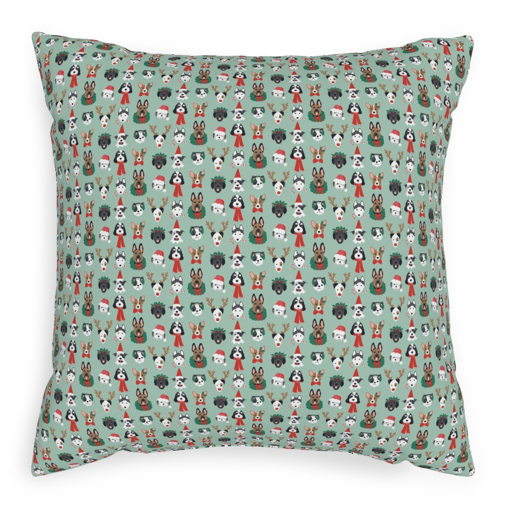 Christmas Holiday Puppy Dogs - Green Pillow, Woven, Black, 20x20, Single Sided, Green
