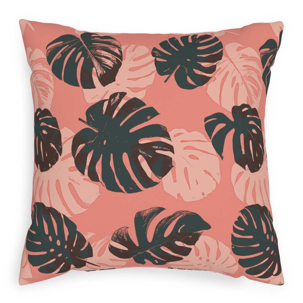 Monstera Leaves - Calypso Pillow, Woven, Black, 20x20, Single Sided, Pink, Bright Pink