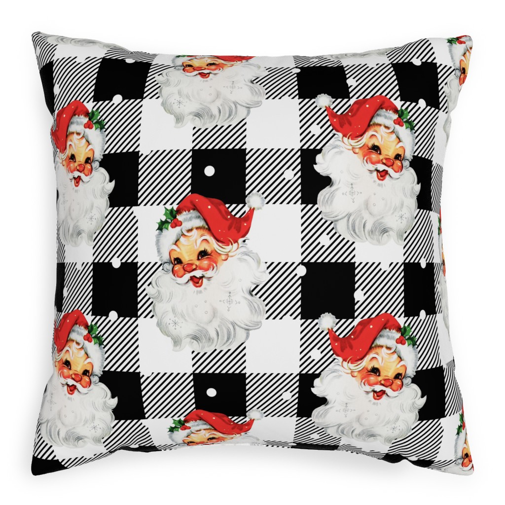Jolly Retro Santa and Plaid - Black and White Pillow, Woven, Black, 20x20, Single Sided, Multicolor