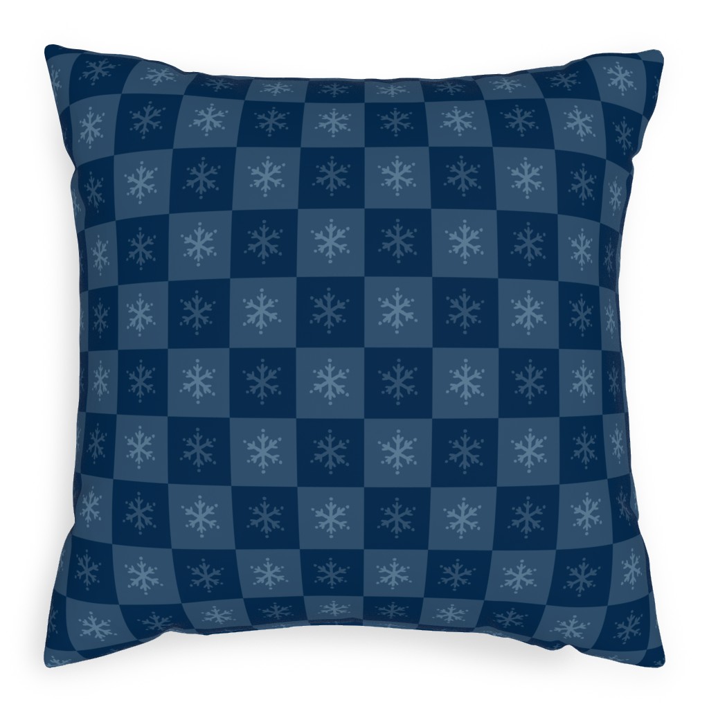 Scandi Cozy Winter Checkered Blue Snowflake Pillow, Woven, Black, 20x20, Single Sided, Blue, True Blue