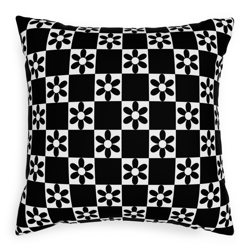 Daisy Checkerboard Pillow, Woven, Black, 20x20, Single Sided, Black, Black