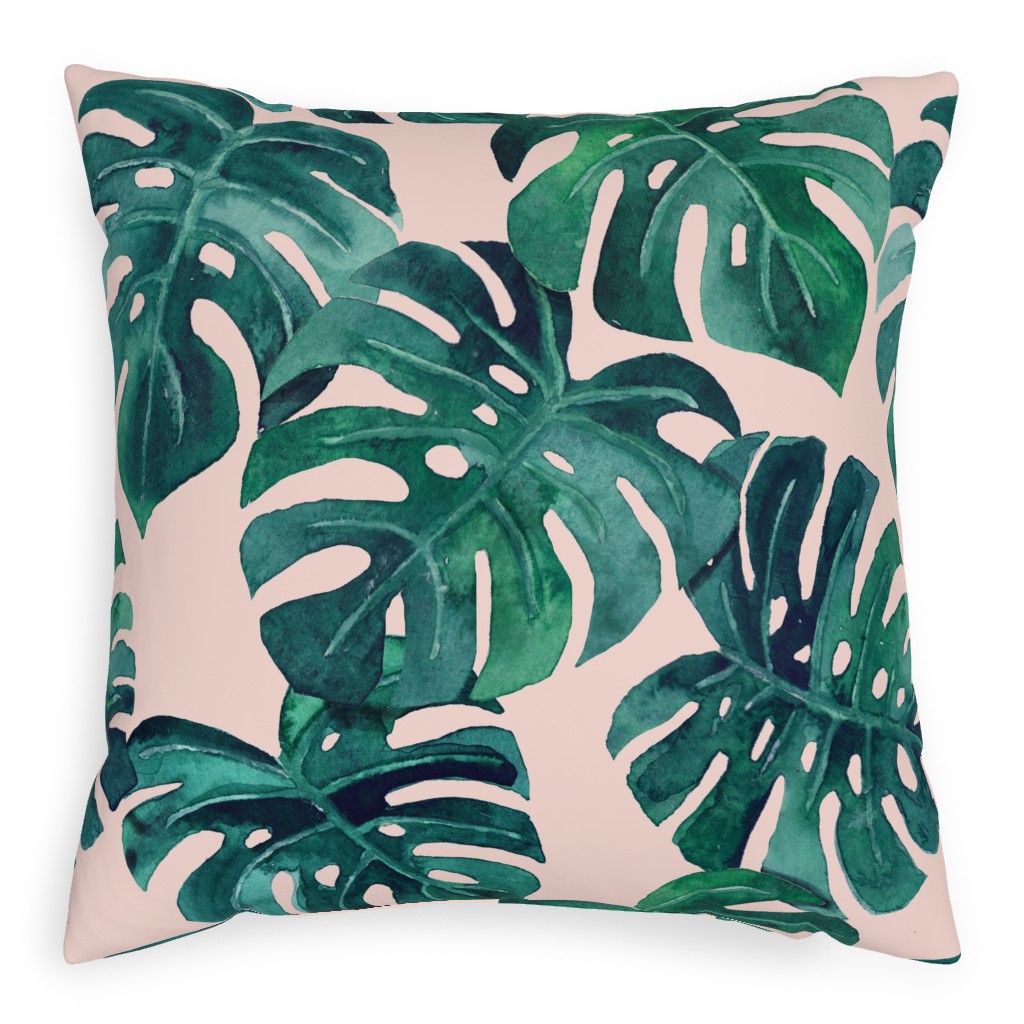 Watercolor Monstera Leaves - Green on Blush Pink Pillow, Woven, Black, 20x20, Single Sided, Green