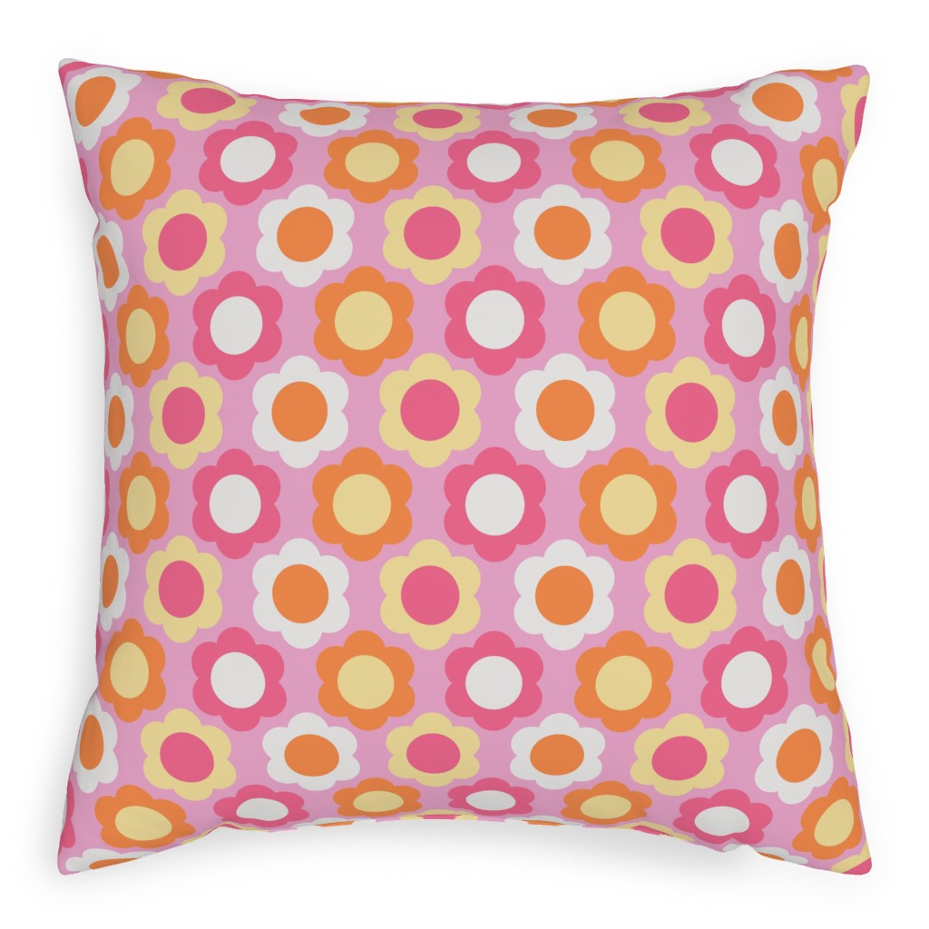 Retro Geometric Flowers - Pink and Orange Pillow, Woven, Black, 20x20, Single Sided, Pink, Bright Pink