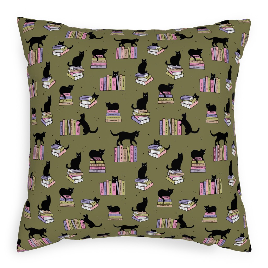 Cats and Books Pillow, Woven, Black, 20x20, Single Sided, Green, Avocado