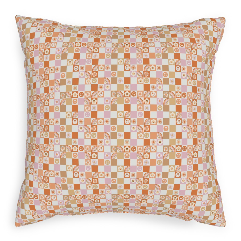 Retro Checkerboard - Daisy, Smile, Happy - Pink Orange Pillow, Woven, Black, 20x20, Single Sided, Orange, Orange