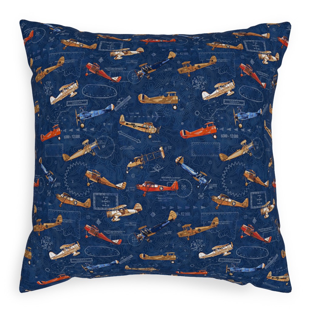 Vintage Airplanes - Blue Pillow, Woven, Black, 20x20, Single Sided, Blue, True Blue