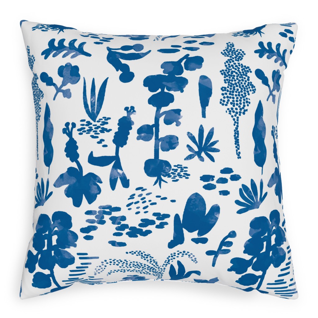 Blue and White Garden Pillow, Woven, Black, 20x20, Single Sided, Blue