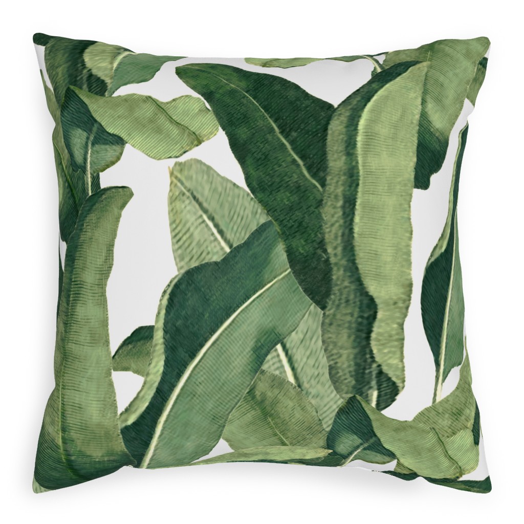 Tropical Leaves - Greens on White Pillow, Woven, Black, 20x20, Single Sided, Green