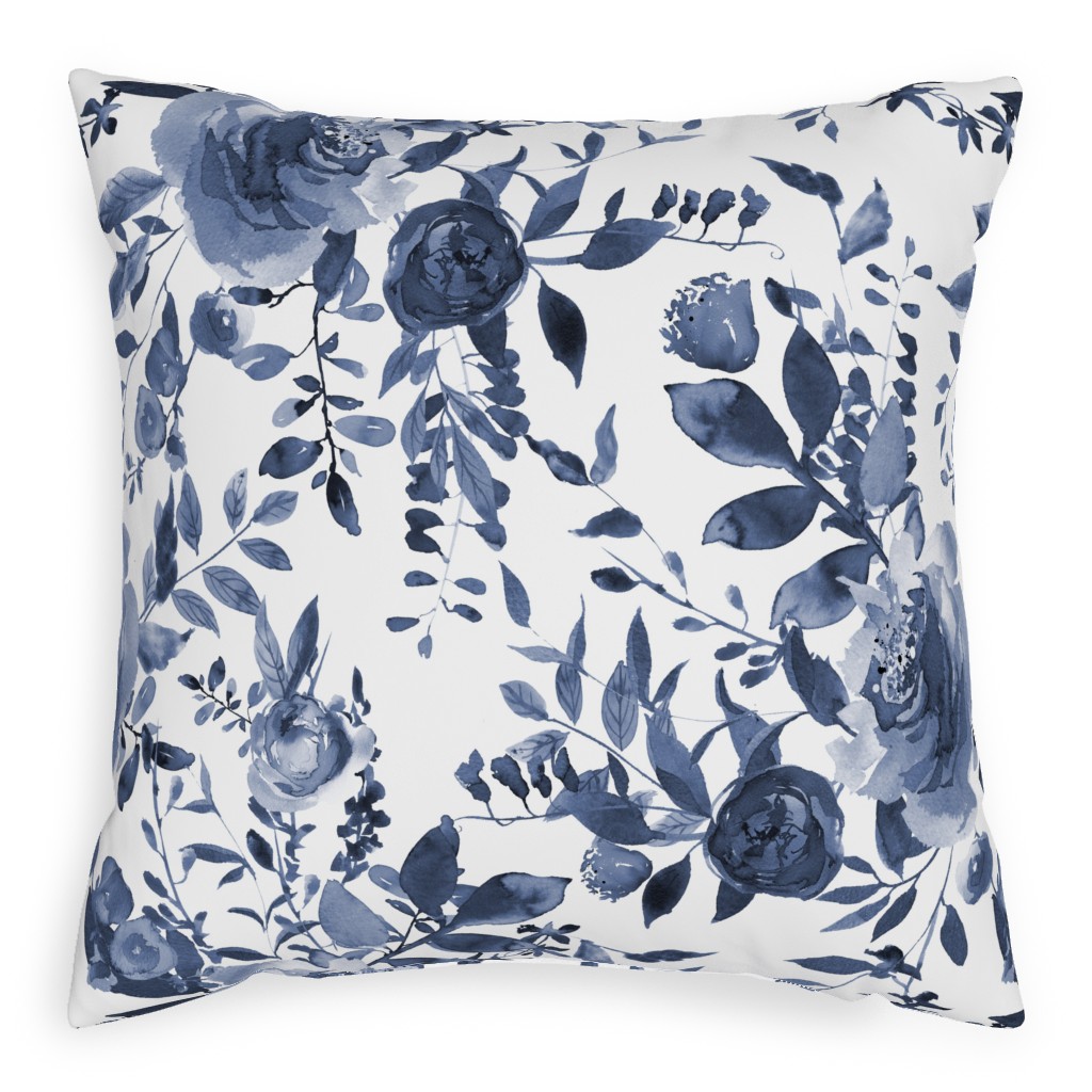 Blue and White Florals - Indigo Pillow, Woven, Black, 20x20, Single Sided, Blue