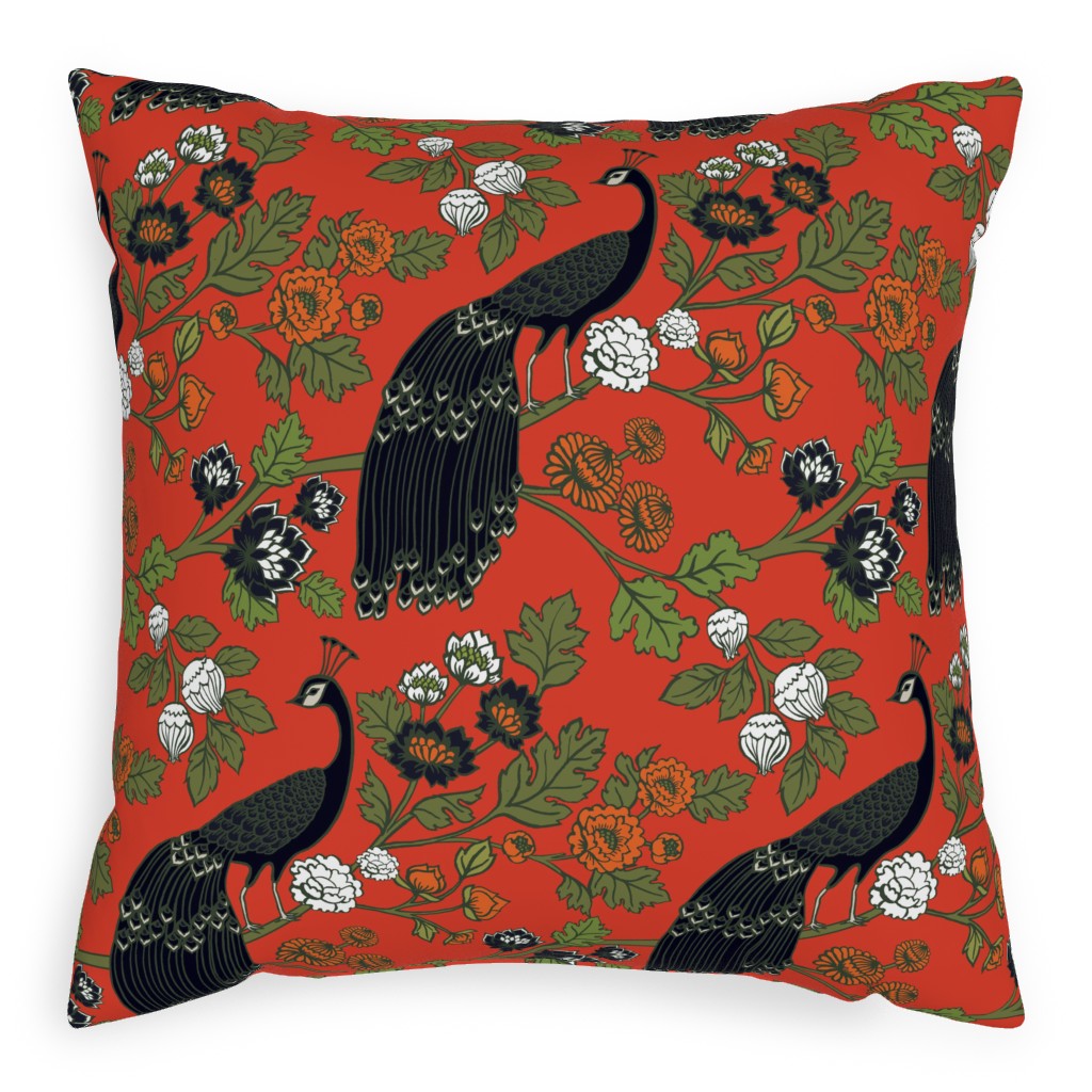 Peacock Garden - Red Pillow, Woven, Black, 20x20, Single Sided, Red, Red