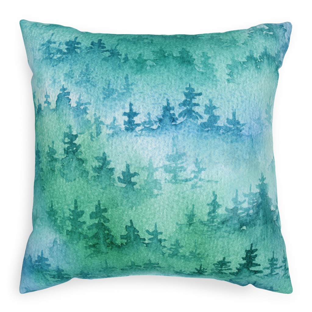 Foggy Forest - Blue and Green Pillow, Woven, Black, 20x20, Single Sided, Green