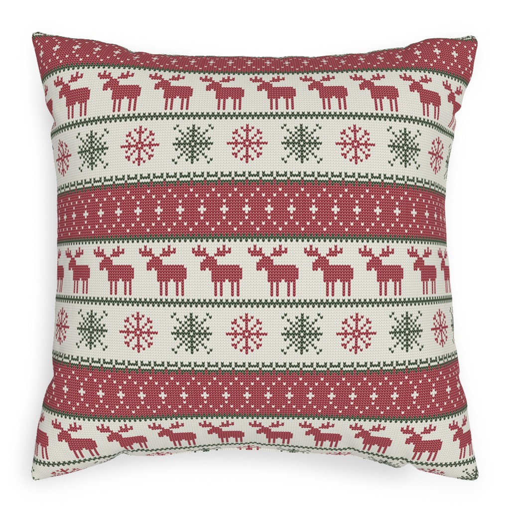 Fair Isle Moose - Red, Green and Cream Pillow, Woven, Black, 20x20, Single Sided, Multicolor