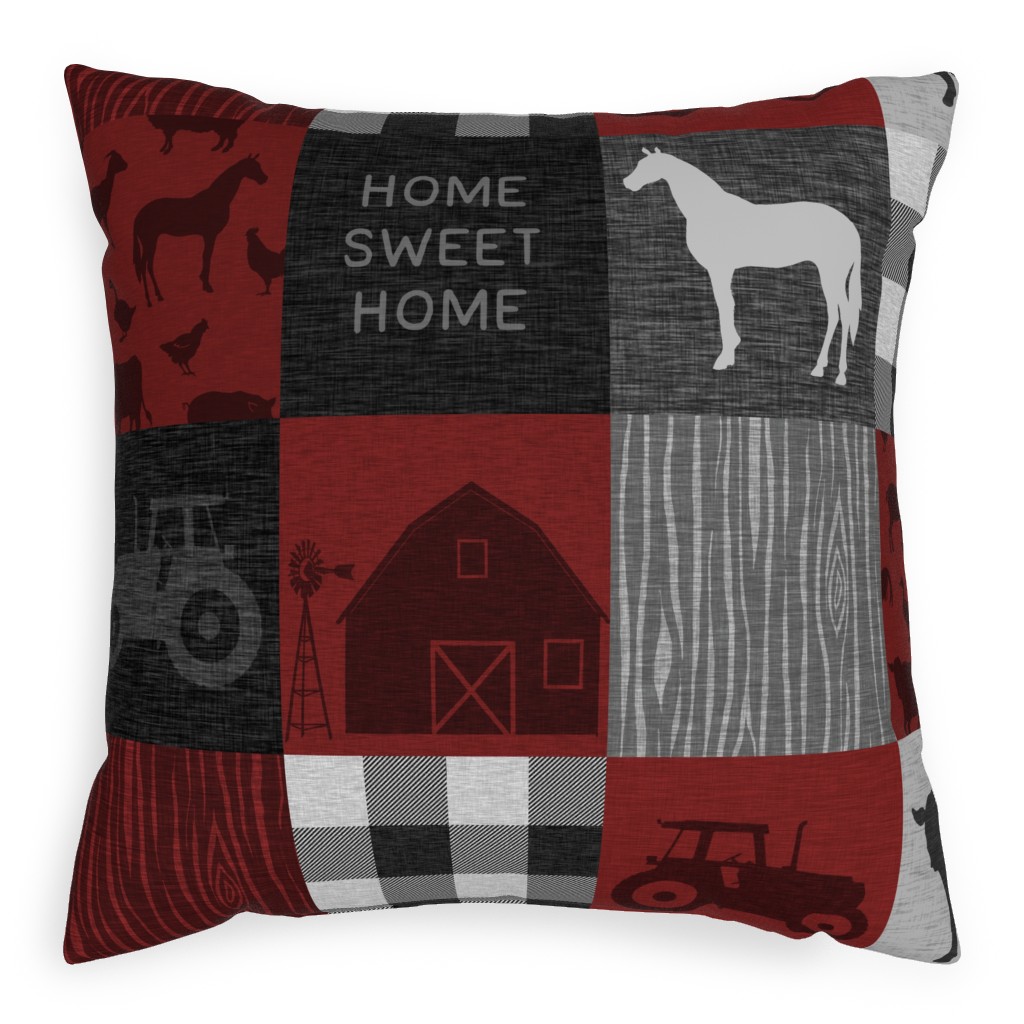 Home Sweet Home Farm - Red and Black Pillow, Woven, Black, 20x20, Single Sided, Red, Red