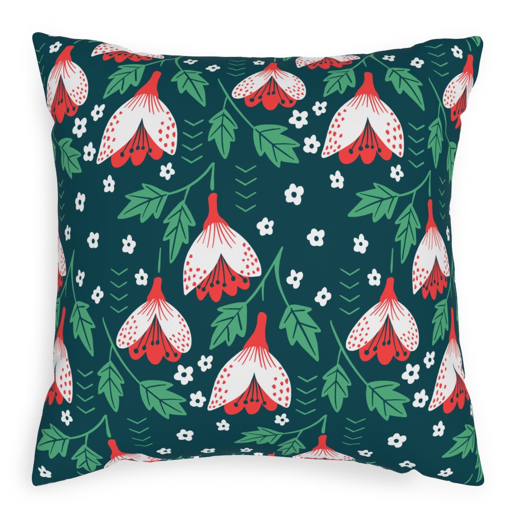 Christmas Flowers - Green Pillow, Woven, Black, 20x20, Single Sided, Green
