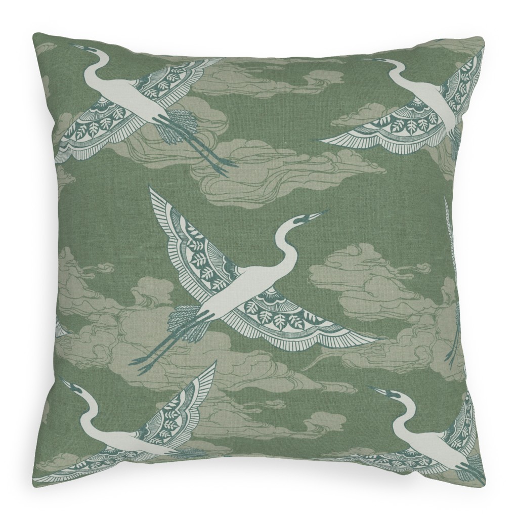 Egrets - Green Pillow, Woven, Black, 20x20, Single Sided, Green, Classic Green