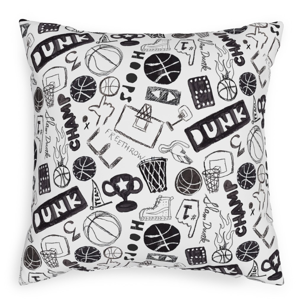 Basketball - Black and White Pillow, Woven, Black, 20x20, Single Sided, White