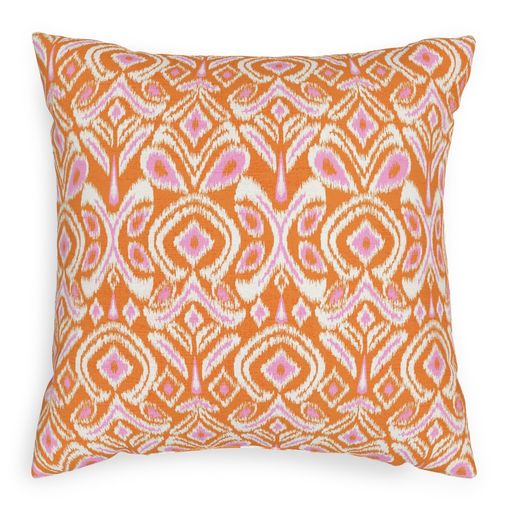 Ikat Flower - Orange and Pink Pillow, Woven, Black, 20x20, Single Sided, Orange