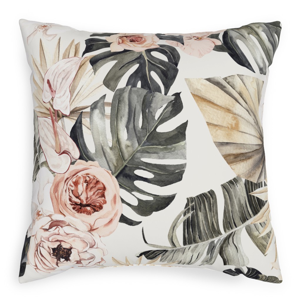 Paradise Palm, Peonies, and Tropical Plants - Multi Pillow, Woven, Black, 20x20, Single Sided, Multicolor