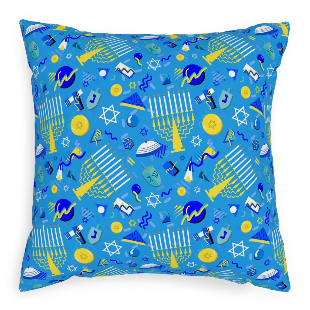 80s Hanukkah Celebration - Blue Pillow, Woven, Black, 20x20, Single Sided, Blue