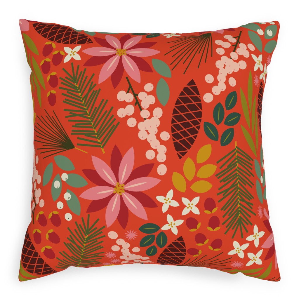 Pinecones and Berries - Red Pillow, Woven, Black, 20x20, Single Sided, Red, Red