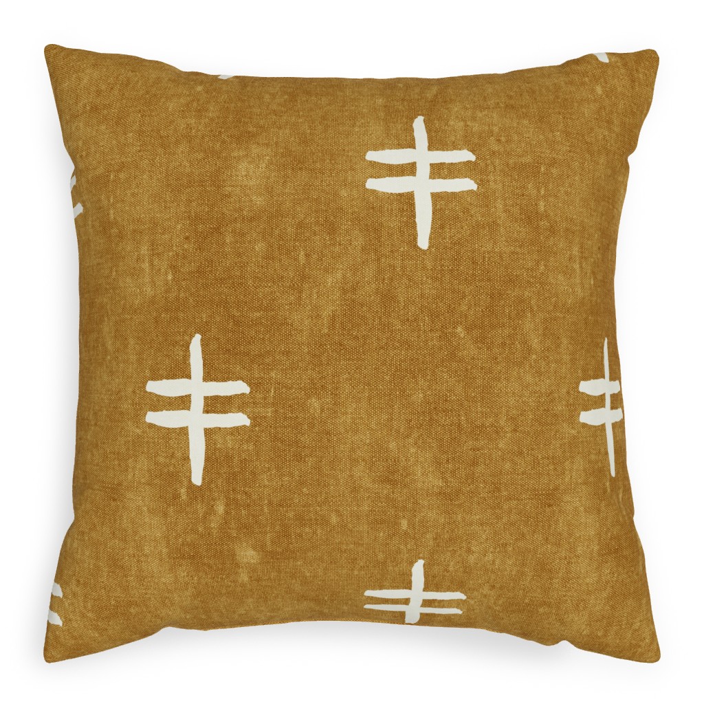 Double Cross Mudcloth Tribal - Mustard Pillow, Woven, Black, 20x20, Single Sided, Brown