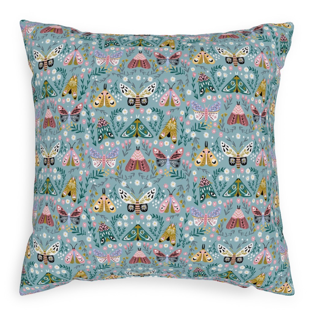 Spring Floral and Butterflies - Blue Pillow, Woven, Black, 20x20, Single Sided, Multicolor