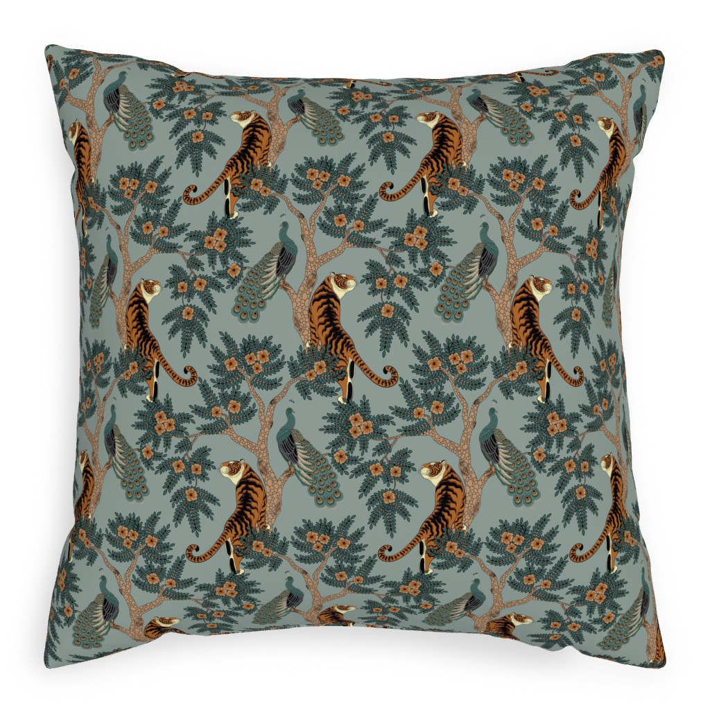 Tiger and Peacock - Blue Pillow, Woven, Black, 20x20, Single Sided, Blue, True Blue