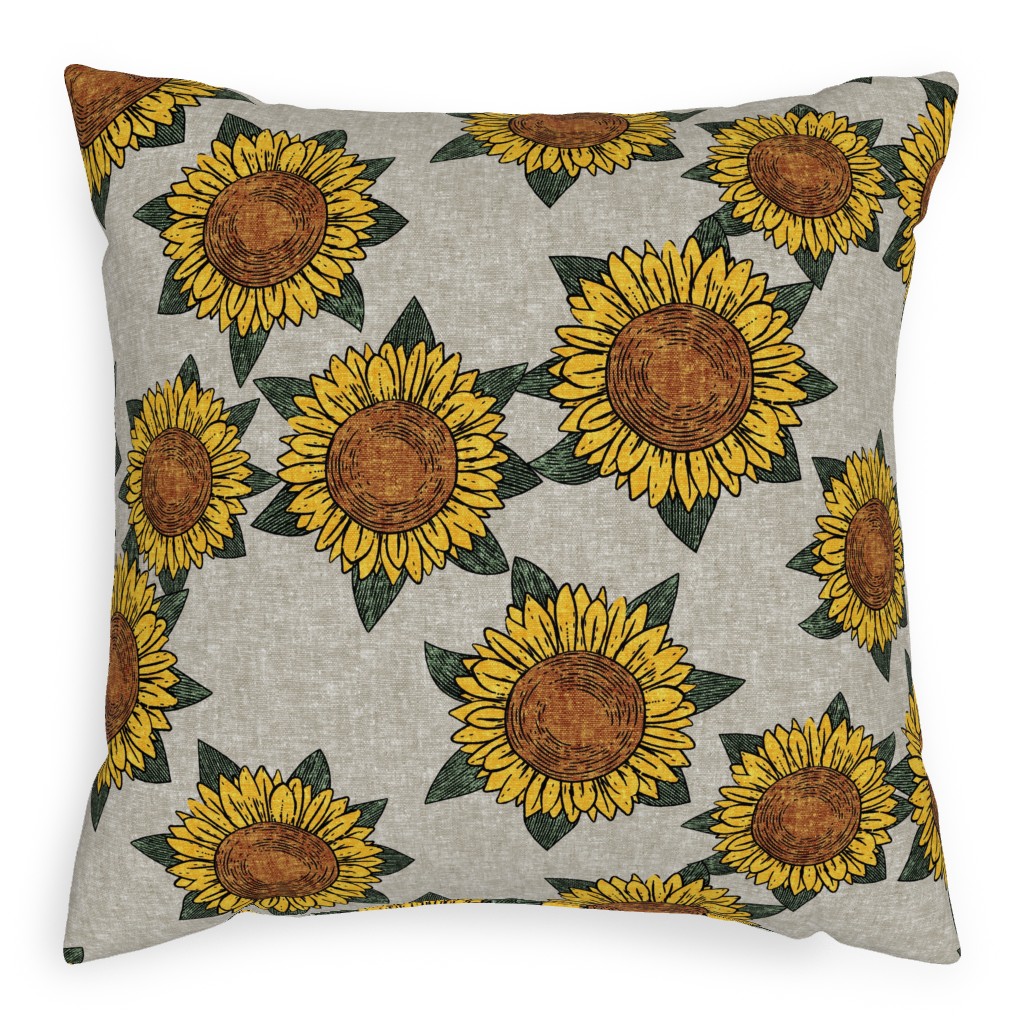 Sunflowers - Summer Flowers - Beige Pillow, Woven, Black, 20x20, Single Sided, Orange