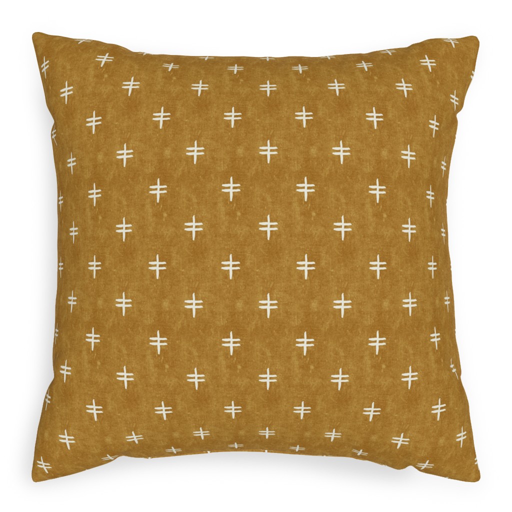 Double Cross Mudcloth Tribal - Mustard Yellow Pillow, Woven, Beige, 20x20, Single Sided, Brown